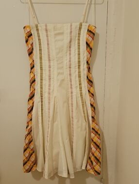 Caramel Cream Strapless Dress with Multicolor Stripe Panels